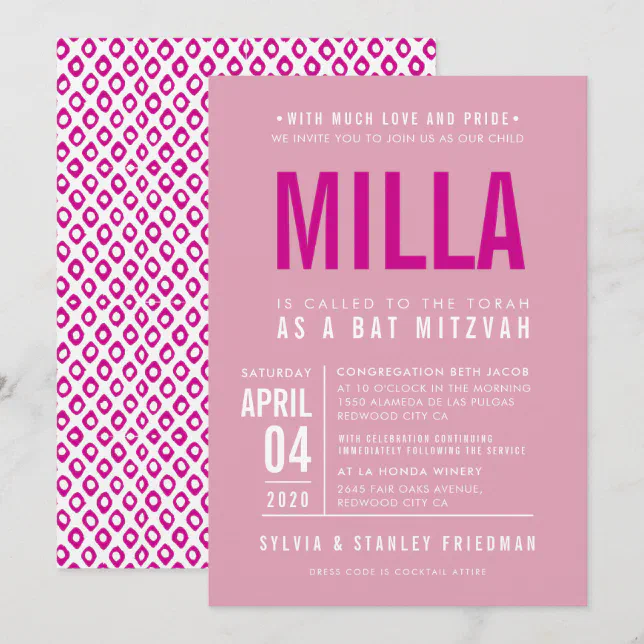 BAT MITZVAH modern bold block type pretty pink Invitation | Zazzle