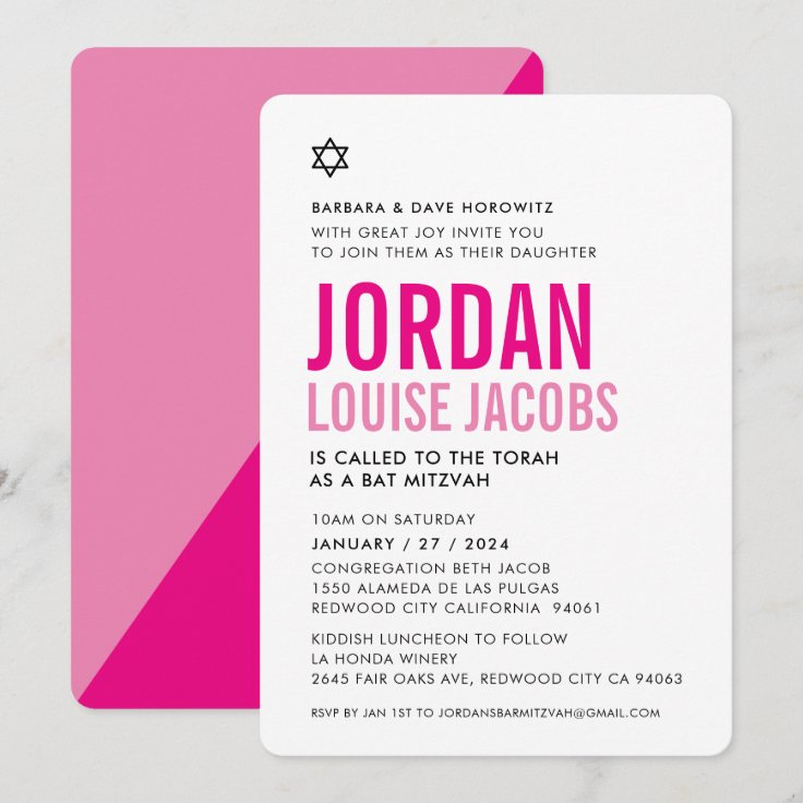 BAT MITZVAH modern bold color pink names Invitation | Zazzle