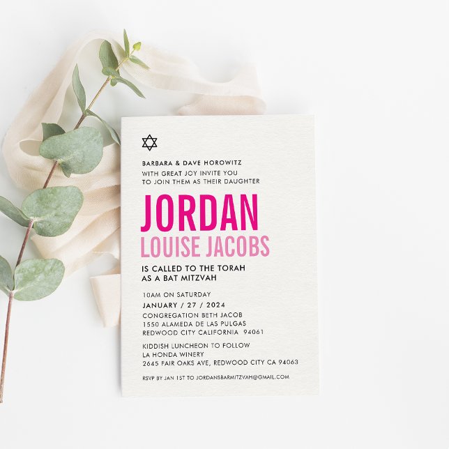 BAT MITZVAH modern bold color pink names Invitation (Creator Uploaded)
