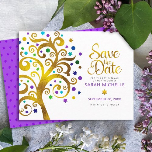 Bat Mitzvah Modern Bold Purple Gold Tree of Life Save The Date