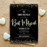 Bat Mitzvah Modern Bold Script Black Real Gold Foil Invitation<br><div class="desc">Be proud, rejoice and showcase this milestone of your favorite Bat Mitzvah! Send out this stunning, modern, sophisticated, personalized invitation for an event to remember. Graphic real gold foil calligraphy script, bold type, Star of David, and confetti overlay a rich, dramatic, black background. A faux gold Star of David overlays...</div>