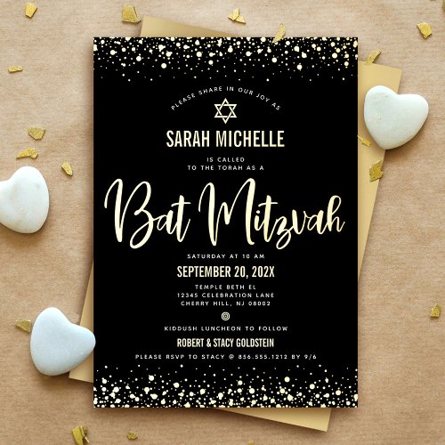 Bat Mitzvah Modern Bold Script Black Real Gold Foil Invitation