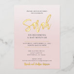 BAT MITZVAH modern calligraphy blush pink gold Foil Invitation<br><div class="desc">by kat massard >>> WWW.SIMPLYSWEETPAPERIE.COM <<< A sweet Bar Mitzvah Invitation for your daughter featuring large script name in shiny gold foil! Love the design, but would like to see some changes - another color scheme, product, add a photo or adapted for a different occasion - no worries simply contact...</div>