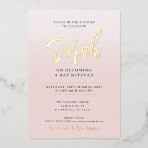 BAT MITZVAH modern calligraphy blush pink gold Foil Invitation