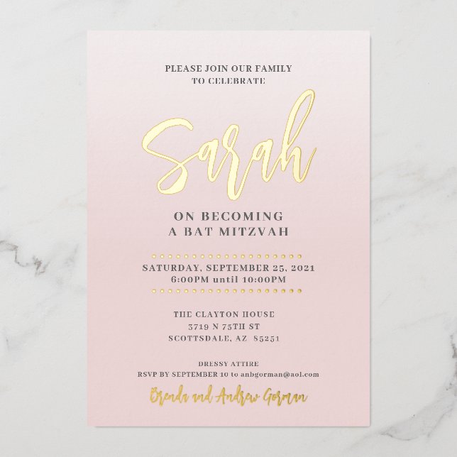 BAT MITZVAH modern calligraphy blush pink gold Foil Invitation (Front)