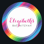 BAT MITZVAH modern colorful rainbow bright stripe Classic Round Sticker<br><div class="desc">by kat massard >>> https://linktr.ee/simplysweetpaperie <<< 
Love the design,  but would like to see some changes - another color scheme,  product,  add a photo or adapted for a different occasion - no worries simply contact me,  kat@simplysweetPAPERIE.com - I am happy to help!</div>