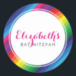 BAT MITZVAH modern colorful rainbow bright stripe Classic Round Sticker<br><div class="desc">by kat massard >>> https://linktr.ee/simplysweetpaperie <<< 
Love the design,  but would like to see some changes - another color scheme,  product,  add a photo or adapted for a different occasion - no worries simply contact me,  kat@simplysweetPAPERIE.com - I am happy to help!</div>