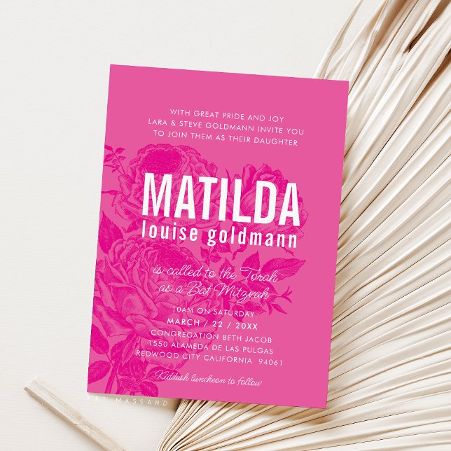 BAT MITZVAH modern elegant roses pretty pink Invitation (Creator Uploaded)