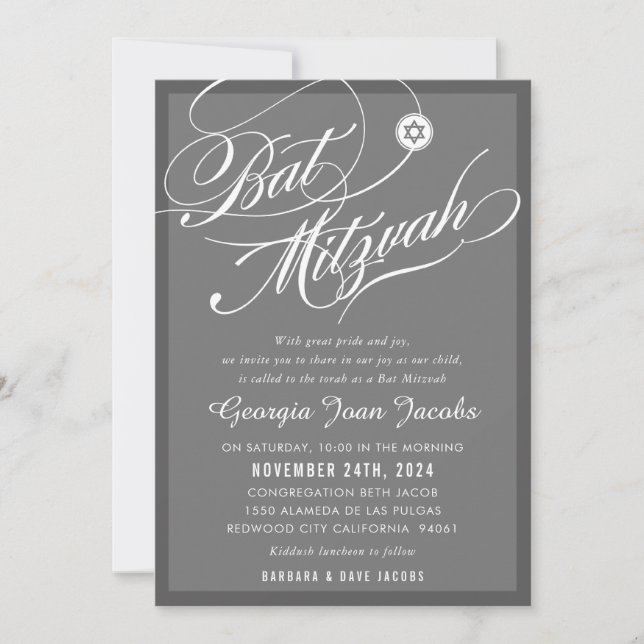 BAT MITZVAH modern elegant script hollywood gray Invitation (Front)