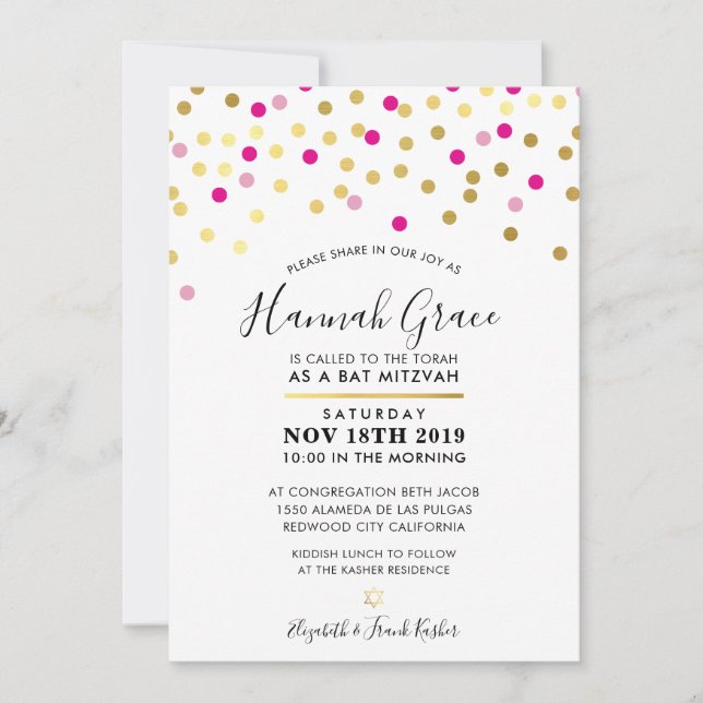 BAT MITZVAH modern fun confetti spots gold pink Invitation (Front)