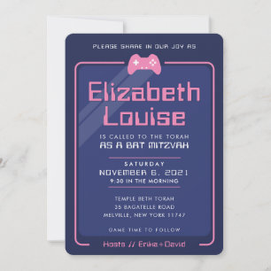 BAT MITZVAH modern gaming controls navy blue pink Invitation