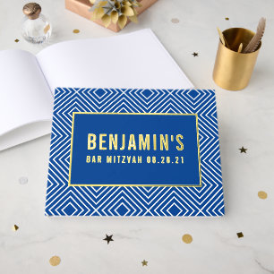 BAT MITZVAH modern geometric pattern royal blue Foil Guest Book
