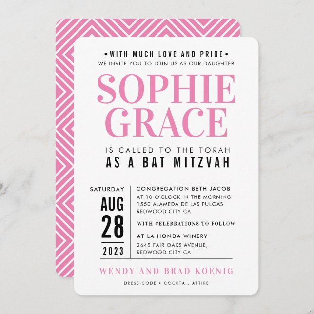 BAT MITZVAH modern geometric stack pretty pink Invitation (Front/Back)