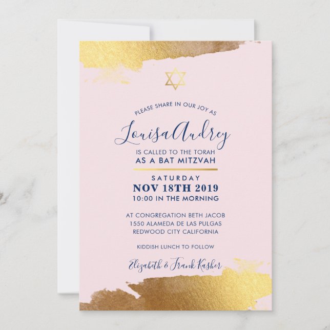 BAT MITZVAH modern gilded gold navy blush pink Invitation (Front)