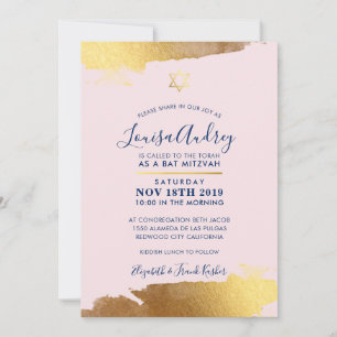 BAT MITZVAH modern gilded gold navy blush pink Invitation