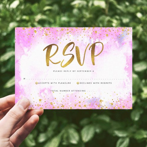 Bat Mitzvah modern girly gold foil pink watercolor RSVP Card