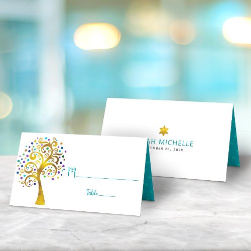 Bat Mitzvah Modern Gold and Teal Foil Tree of Life Place Card