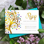 Bat Mitzvah Modern Gold Foil Blue Tree of Life RSVP Card<br><div class="desc">Be proud, rejoice and showcase this milestone of your favorite Bat Mitzvah! Include this graphic faux gold foil tree with sparkly turquoise, teal, purple and blue Star of David and dot “leaves” on a white background, personalized RSVP insert card for your event. A tiny, light turquoise blue Star of David...</div>