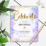 Bat Mitzvah modern gold foil purple watercolor Enclosure Card<br><div class="desc">Be proud, rejoice and showcase this milestone of your favorite Bat Mitzvah! Include this stunning, modern, sparkly gold faux foil and glitter dots and typography script against a soft purple watercolor background, personalized insert for additional information to your event. Personalize the custom text with your Bat Mitzvah’s name, date, and...</div>