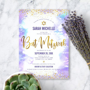 Bat Mitzvah modern gold foil purple watercolor Invitation