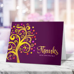 Bat Mitzvah Modern Gold Foil Tree of Life Burgundy Thank You Card<br><div class="desc">Make sure your favorite Bat Mitzvah shows her appreciation to all who supported her milestone event! Send out this sophisticated, personalized thank you card! This graphic faux gold foil tree with sparkly pink, orange, and red Star of David and dot “leaves” overlays a rich, purple burgundy background. Personalize the custom...</div>
