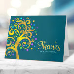 Bat Mitzvah Modern Gold Foil Tree of Life on Teal Thank You Card<br><div class="desc">Make sure your favorite Bat Mitzvah shows her appreciation to all who supported her milestone event! Send out this sophisticated, personalized thank you card! This graphic faux gold foil tree with sparkly turquoise, teal, purple and blue Star of David and dot “leaves” overlays a rich, dark teal blue background. Personalize...</div>