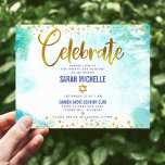 Bat Mitzvah modern gold foil turquoise watercolor Enclosure Card<br><div class="desc">Be proud, rejoice and showcase this milestone of your favorite Bat Mitzvah! Include this stunning, modern, sparkly gold faux foil and glitter dots and typography script against a turquoise watercolor background, personalized horizontal insert for additional information to your event. Personalize the custom text with your Bat Mitzvah’s name, date, and...</div>