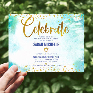 Bat Mitzvah modern gold foil turquoise watercolor Enclosure Card
