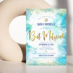Bat Mitzvah modern gold foil turquoise watercolor Invitation<br><div class="desc">Be proud, rejoice and showcase this milestone of your favorite Bat Mitzvah! Send out this stunning, modern, sparkly gold faux foil and glitter dots and typography script against a turquoise watercolor background, personalized invitation for an event to remember. Personalize the custom text with your Bat Mitzvah’s name, date, and venue...</div>