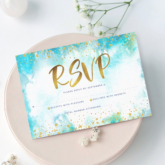 Bat Mitzvah modern gold foil turquoise watercolor RSVP Card (Creator Uploaded)