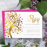 Bat Mitzvah Modern Gold Red Foil Tree of Life RSVP Card<br><div class="desc">Be proud, rejoice and showcase this milestone of your favorite Bat Mitzvah! Include this graphic faux gold foil tree with sparkly pink, orange, and red Star of David and dot “leaves” on a white background, personalized RSVP insert card for your event. A tiny, dark red Star of David pattern overlaying...</div>