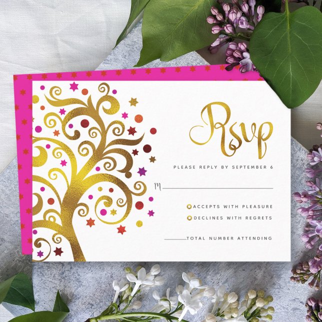 Bat Mitzvah Modern Gold Red Foil Tree of Life RSVP Card (Creator Uploaded)