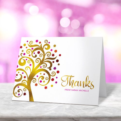 Bat Mitzvah Modern Gold Red Pink Foil Tree of Life Thank You Card