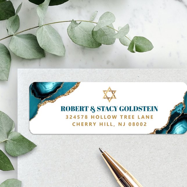 Bat Mitzvah Modern Gold Turquoise Agate Address Label (Creator Uploaded)