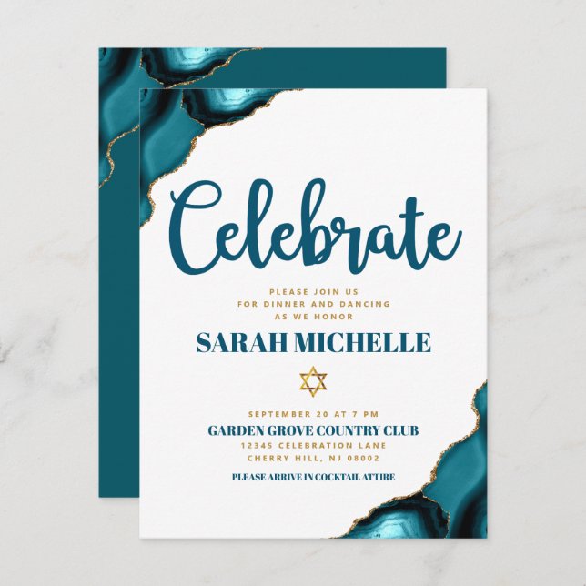 Bat Mitzvah Modern Gold Turquoise Agate Script Enclosure Card (Front/Back)