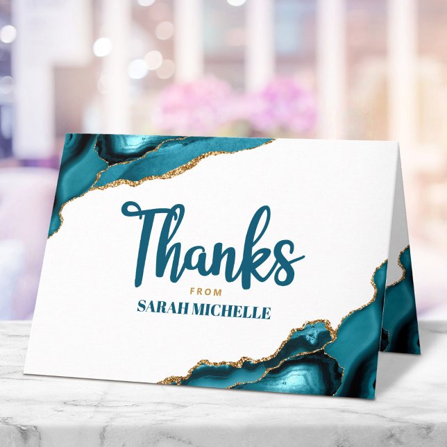 Bat Mitzvah Modern Gold Turquoise Agate Script Thank You Card (Creator Uploaded)