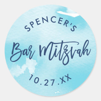BAT MITZVAH modern lettered aqua blue watercolor Classic Round Sticker