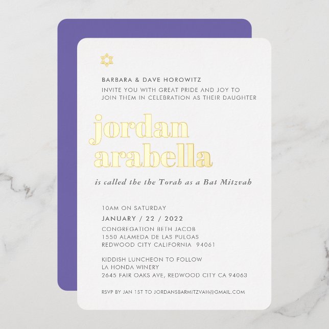 BAT MITZVAH modern minimal bold elegant purple Foil Invitation (Front/Back)