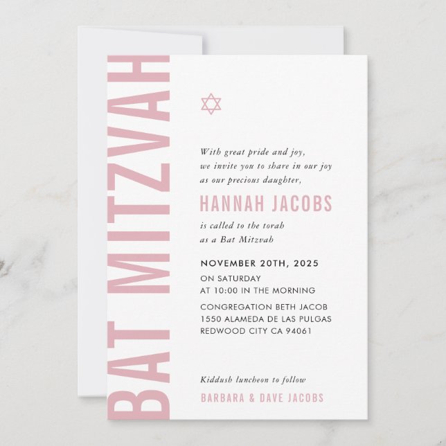 BAT MITZVAH modern minimal bold girl dusky pink Invitation (Front)