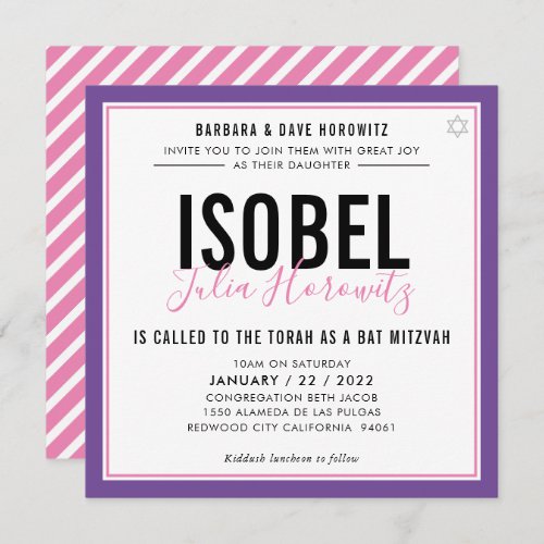 BAT MITZVAH modern minimalist color pink purple Invitation