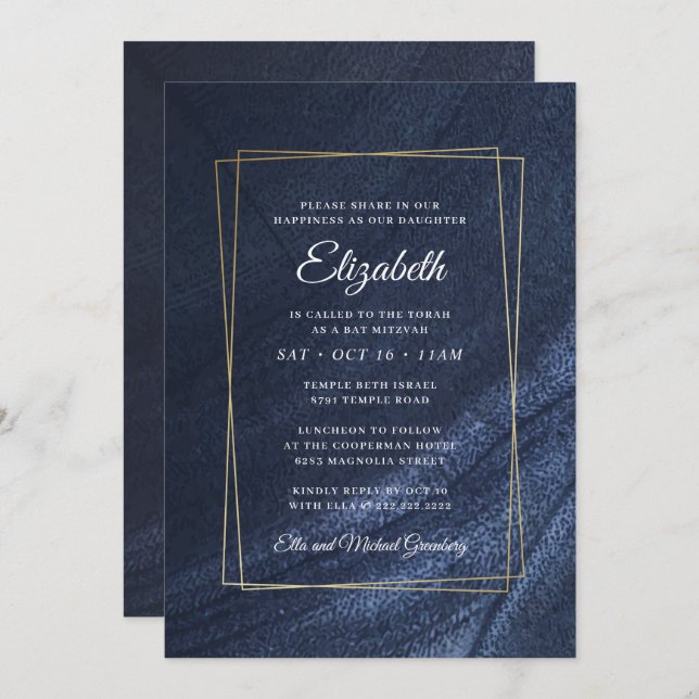 Bat Mitzvah Modern Monogram Gold Frame Invitation (Front/Back)