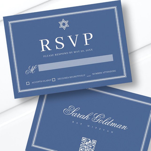 Bat Mitzvah Modern Monogram Simple QR Code RSVP Card (Creator Uploaded)