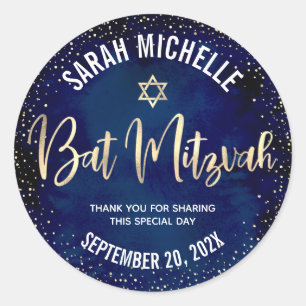 Bat Mitzvah Modern Navy Blue Gold Glitter Script Classic Round Sticker