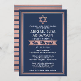 Bat Mitzvah Modern Navy Blue Pink Rose Gold Trendy Invitation