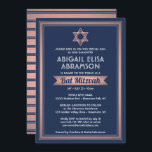Bat Mitzvah Modern Navy Blue Pink Rose Gold Trendy Invitation<br><div class="desc">Invite family and friends to an elegant bat mitzvah ceremony and celebration with a stylish custom navy blue, white, and pink rose gold invitation. All text on this template is simple to customize with any wording regarding the service, Torah reading, and party. The design features trendy faux rose gold foil...</div>