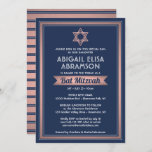 Bat Mitzvah Modern Navy Blue Pink Rose Gold Trendy Invitation<br><div class="desc">Invite family and friends to an elegant bat mitzvah ceremony and celebration with a stylish custom navy blue, white, and pink rose gold invitation. All text on this template is simple to customize with any wording regarding the service, Torah reading, and party. The design features trendy faux rose gold foil...</div>