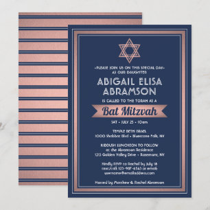 Bat Mitzvah Modern Navy Blue Pink Rose Gold Trendy Invitation