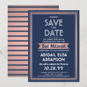 Bat Mitzvah Modern Navy Blue Pink Rose Gold Trendy Save The Date