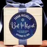 Bat Mitzvah Modern Navy Blue Silver Glitter Script Classic Round Sticker<br><div class="desc">Be proud, rejoice and celebrate this milestone of your favorite Bat Mitzvah whenever you use this sophisticated, personalized sticker! Sparkly silver faux foil handwritten script, a Star of David and tiny confetti glitter dots, with bold, white sans serif typography, overlay a sophisticated, dramatic navy blue watercolor background. Personalize the custom...</div>