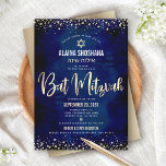 Bat Mitzvah Modern Navy Gold Foil Glitter Script Invitation<br><div class="desc">Be proud, rejoice and showcase this milestone of your favorite Bat Mitzvah! Send out this stunning, modern, sophisticated, personalized Hebrew name invitation for an event to remember. Graphic faux gold foil calligraphy script, Star of David, and confetti, overlay a rich, dramatic, navy blue watercolor background. A faux gold Star of...</div>